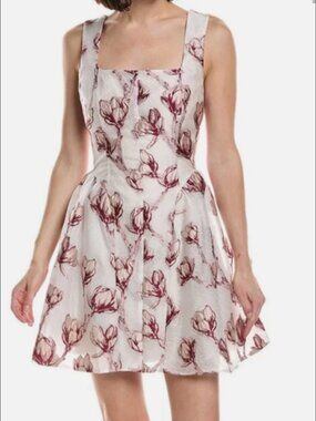 Milly White Burgundy Floral Square Neck Fit and Flare Mini Dress